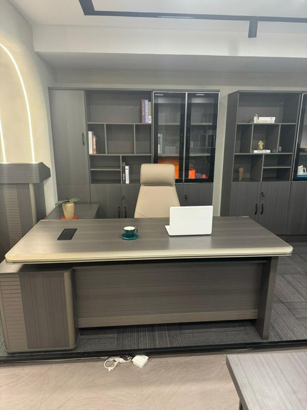 Bureau Directorial Taupe en L avec Bibliothèque Coulissante