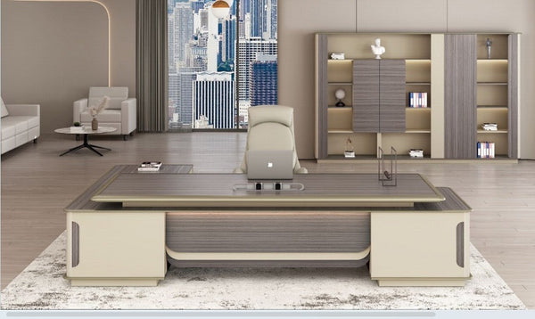 Bureau Directorial Beige/Gris avec Bibliothèque Design