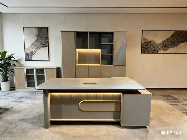 Bureau Directorial Anthracite 2m40 avec Bibliothèque Assortie