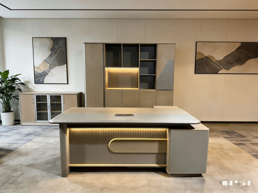 Bureau Directorial Anthracite 2m40 avec Bibliothèque Assortie